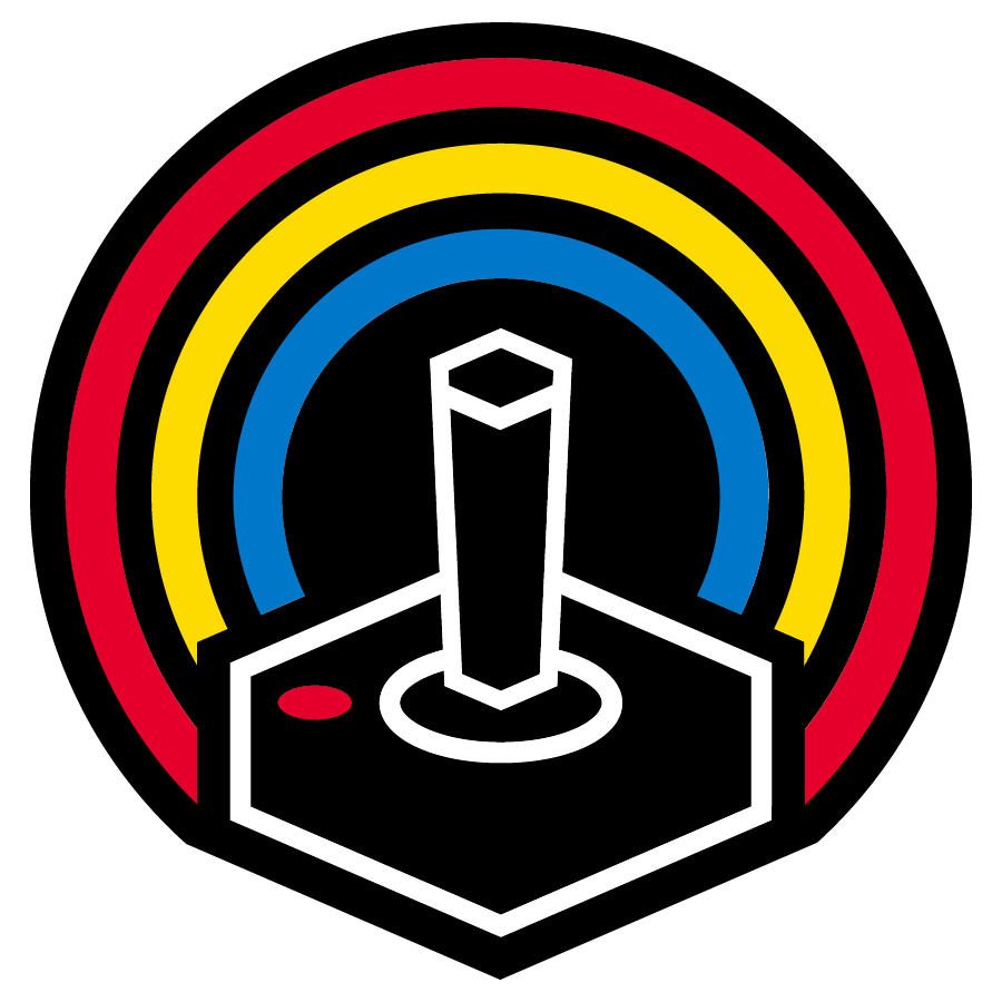 prge portland retro gaming expo logo atari controller with rainbow