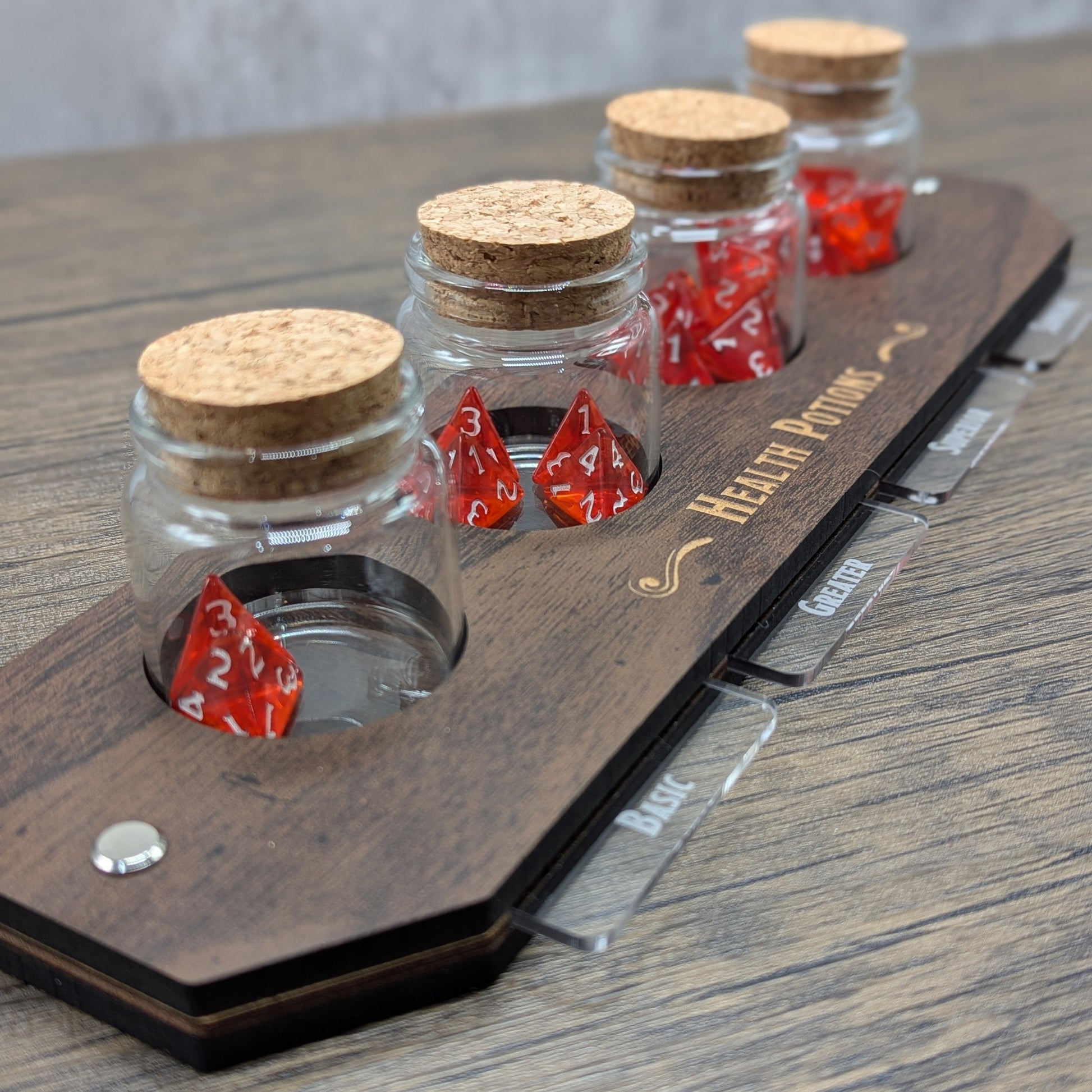 Health Potion Set | Dungeons & Dragons red d4 dice in bottles by Hexwood Forge