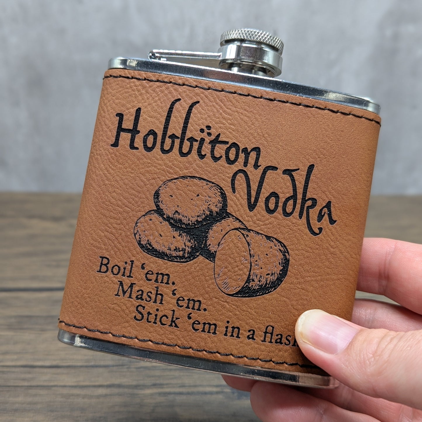 Hobbiton Vodka leatherette 6oz flask by Hexwood Forge