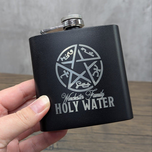 Holy Water 6oz black powder coated hip flask by Hexwood Forge