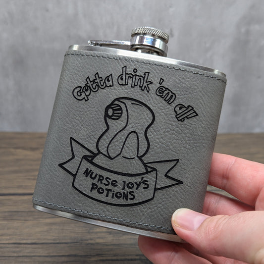 Nurse Joy's Potions leatherette 6oz flask by Hexwood Forge