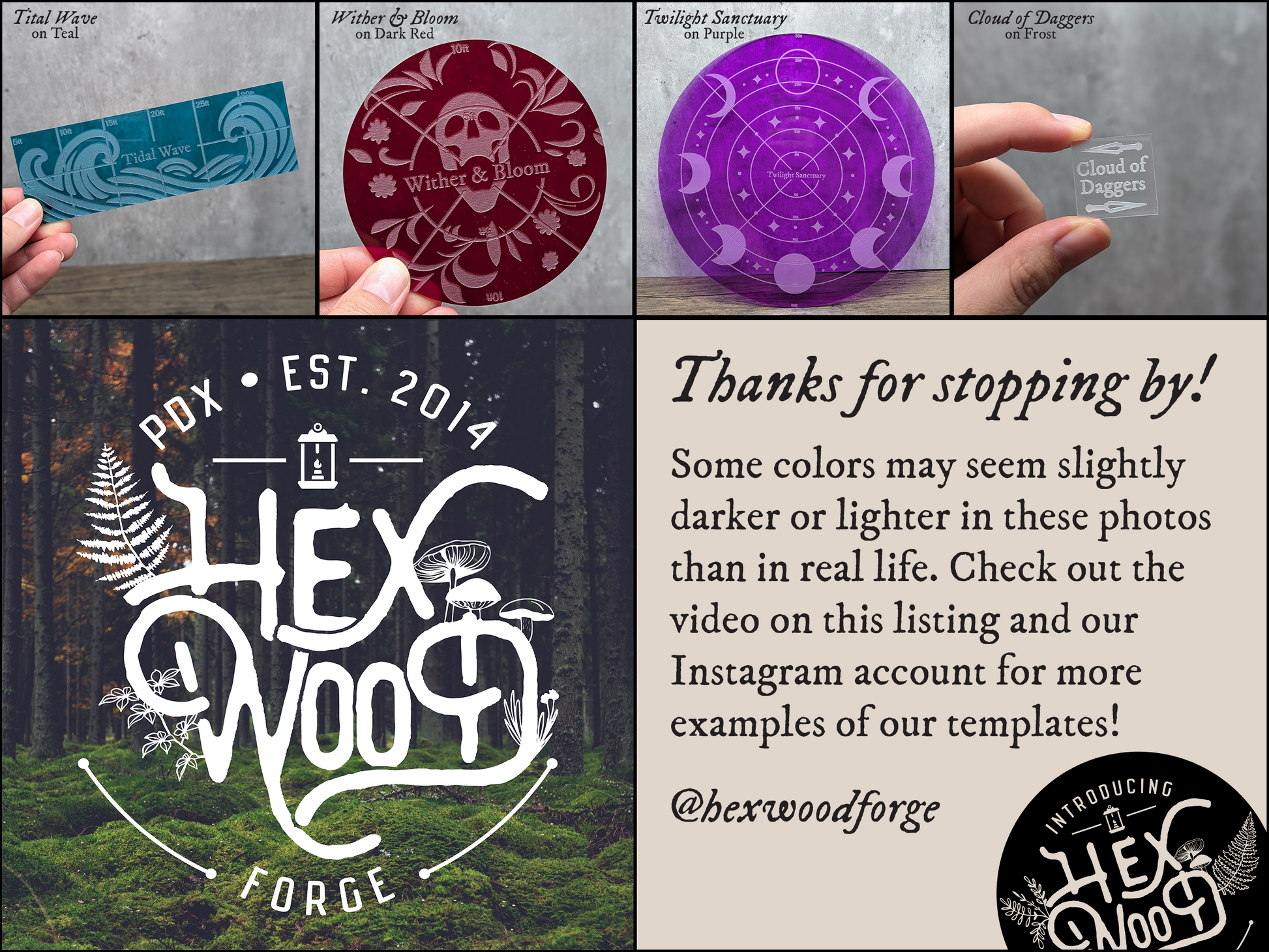 Collage of acrylic spell templates for Dungeons and Dragons 5e 5.5e by Hexwood Forge