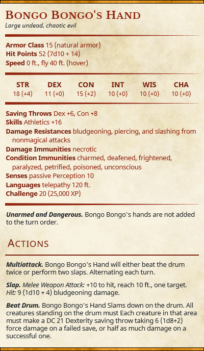 statblock for D&D 5e Bongo Bongo - Legend of Zelda: Ocarina of Time | RPG Zelda Tabletop Miniature