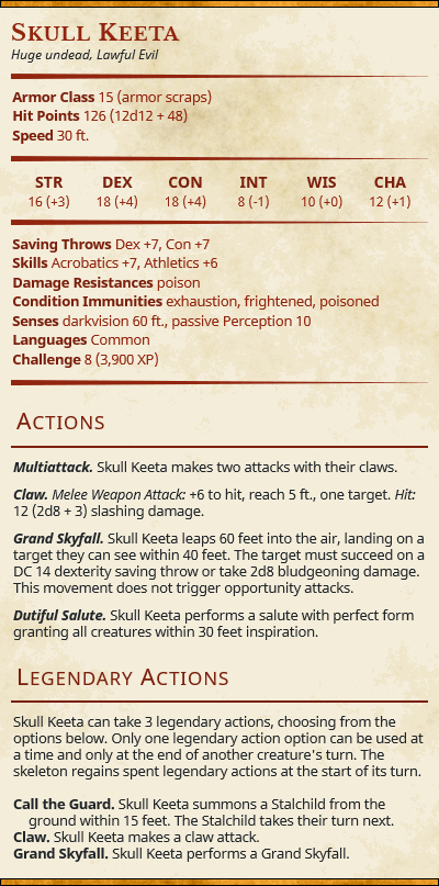 statblock for D&D 5e Captain Keeta and Stalchildren/Stalfos (set of 5) - Legend of Zelda: Majora's Mask | RPG Zelda Tabletop Miniature