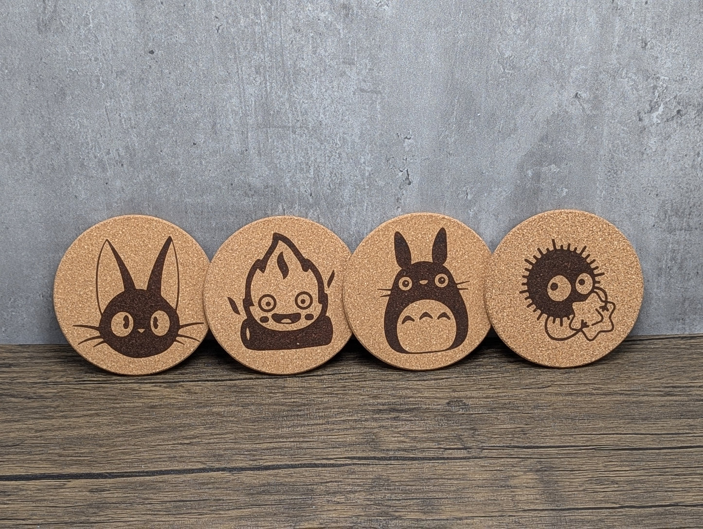 Ghibli inspired cork coasters set of four by Hexwood Forge