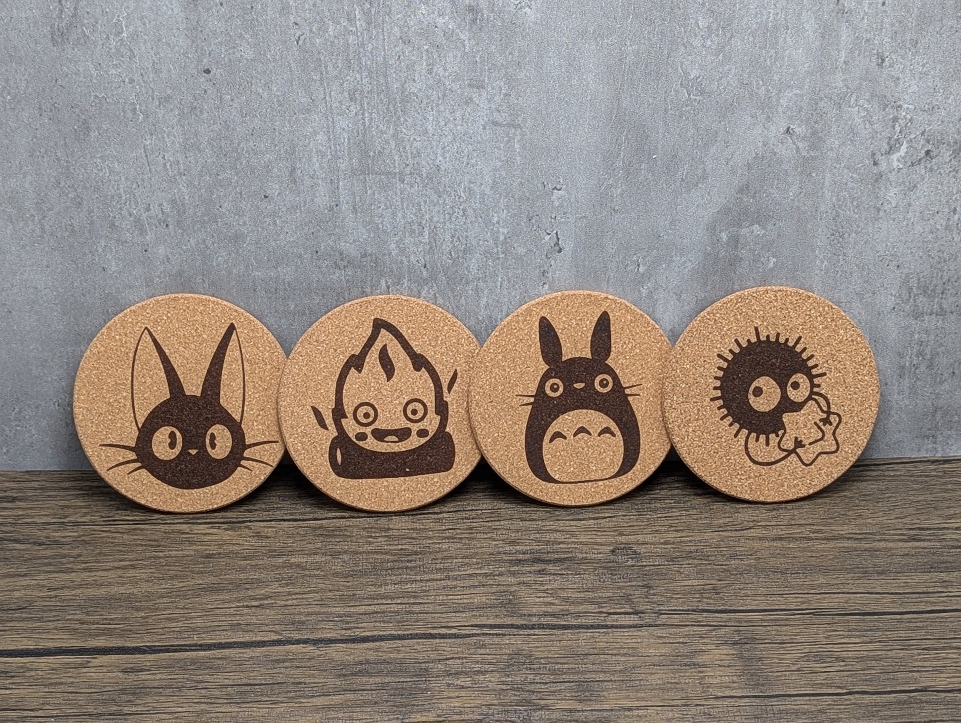Ghibli inspired cork coasters set of four by Hexwood Forge