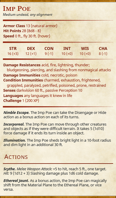 statblock for D&D 5e Imp Poe - Legend of Zelda: Twilight Princess | RPG Zelda Tabletop Miniature